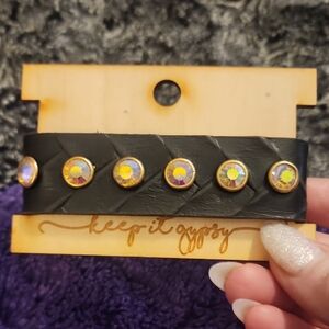 Black Leather Bracelet with Iridescent Accents